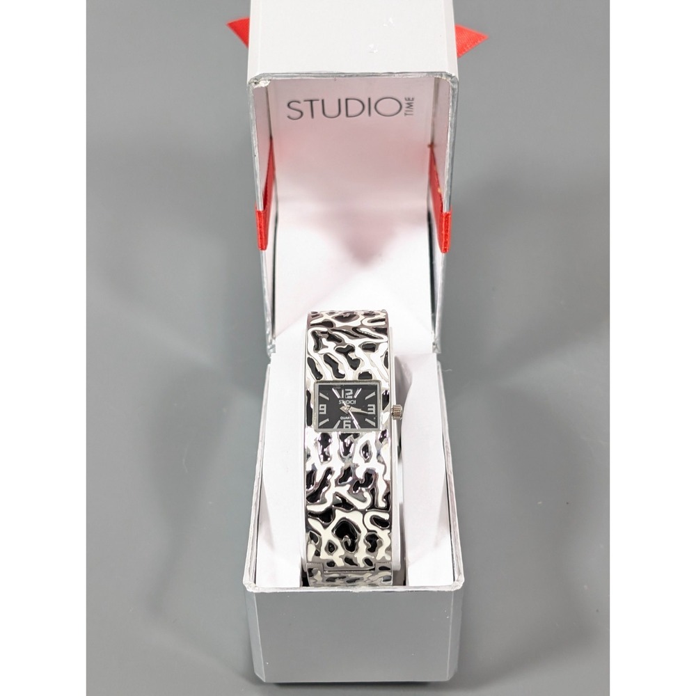 Studio Black White Enamel Hinge Bracelet Cuff Watch Womens 7" - Picture 2 of 9